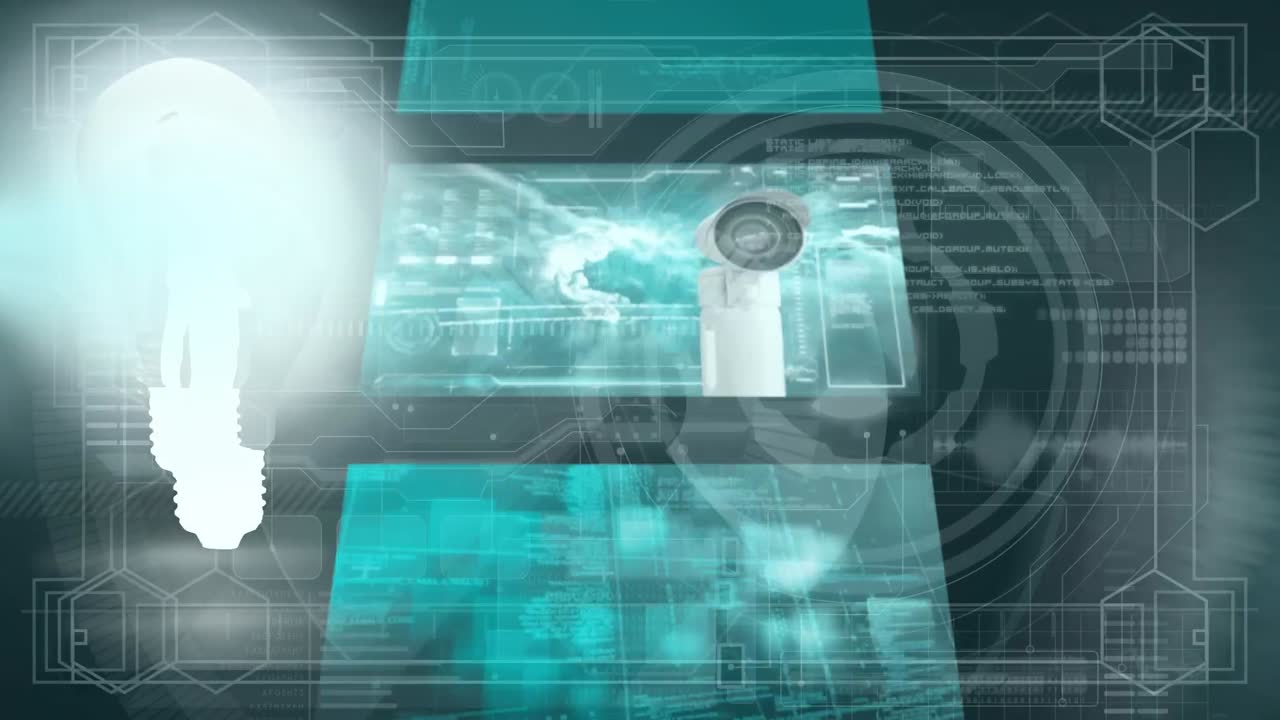 animación de bombillas y pantallas con diversos datos tecnológicos