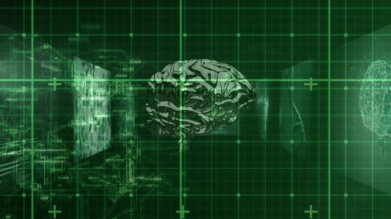 Grid network over spinning human brain against multiple screens with data processing