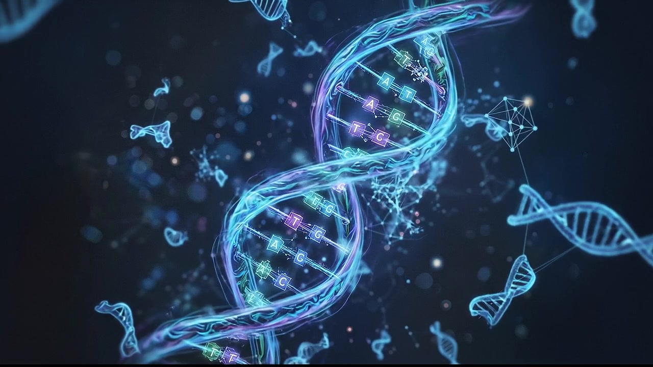 Animazione digitale di struttura astratta a catena di DNA con particelle di luce ed effetti glitch