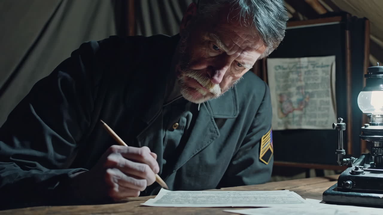 Historical figure working on maps in a tent