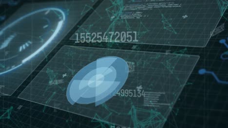 Animation-of-scopes-scanning,-data-processing-and-network-of-connections-over-grid