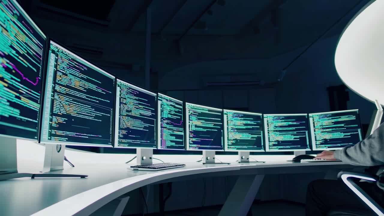 Focused Programmer Working on Multiple Computer Monitors in Dark Office