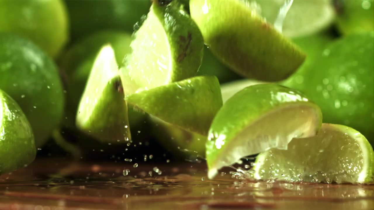 Spicchi di lime freschi che cadono e schizzano al rallentatore