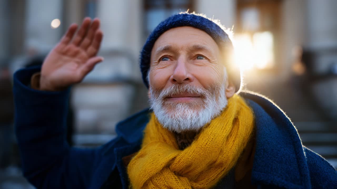 A Joyful Elderly Man Waving Goodbye with a Bright Smile, Wearing a Cozy Blue Hat and Warm Yellow Scarf on a Glorious Day, Radiating Happiness and Contentment in a Beautiful Outdoor Setting