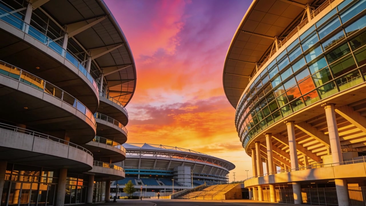 Câmera em movimento revelando o interior do estádio enquanto destaca o caminho da praça, o pôr do sol intensificando o brilho do vidro.