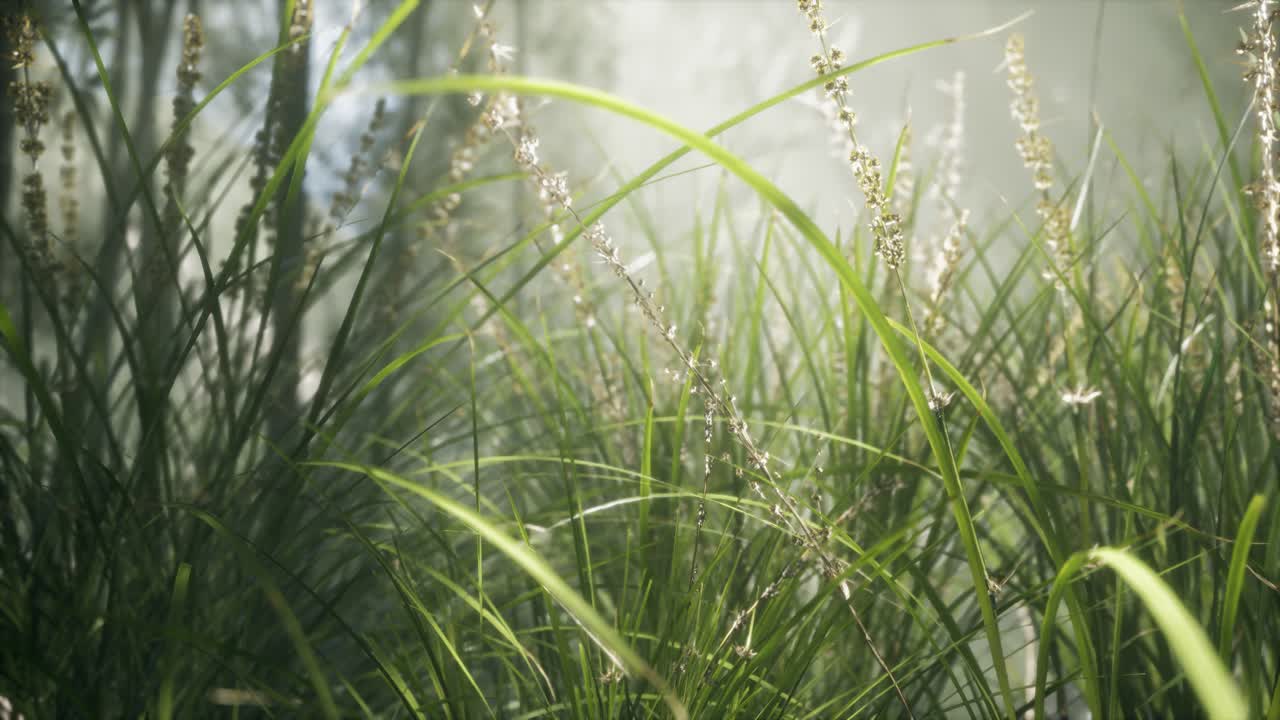 잔디 꽃 필드와 부드러운  ⁇ 빛을 배경으로.