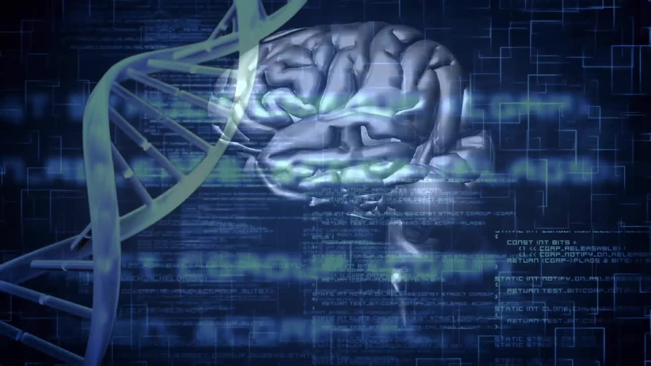 Animation of human brain, dna strand and data processing