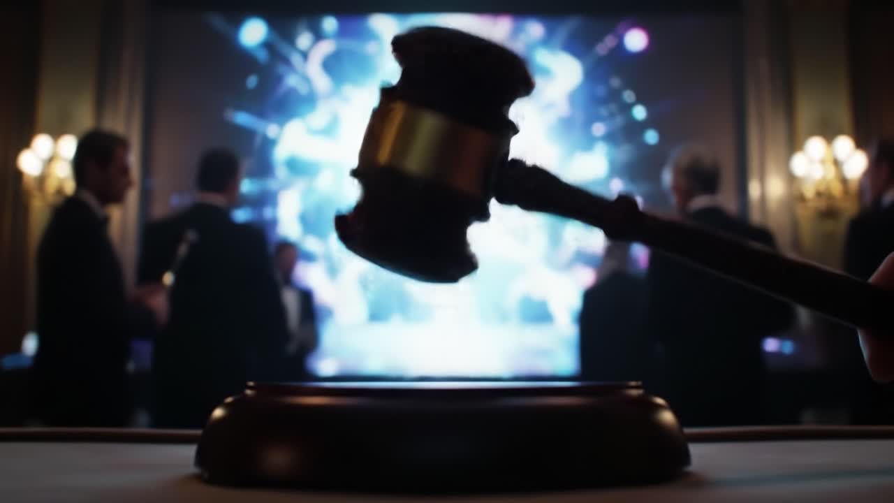 A Dramatic Auction Scene with a Gavel and Dynamic Background, Highlighting the Tension and Anticipation of Bidding and Competition in Modern Sales Events