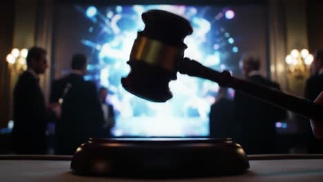 a dramatic auction scene with a gavel and dynamic background, highlighting the tension and anticipation of bidding and competition in modern sales events