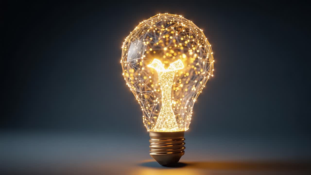 A Stunning Light Bulb Illuminated by Intricate Network of Lines and Dots, Representing Innovation and Creativity in a Modern Design