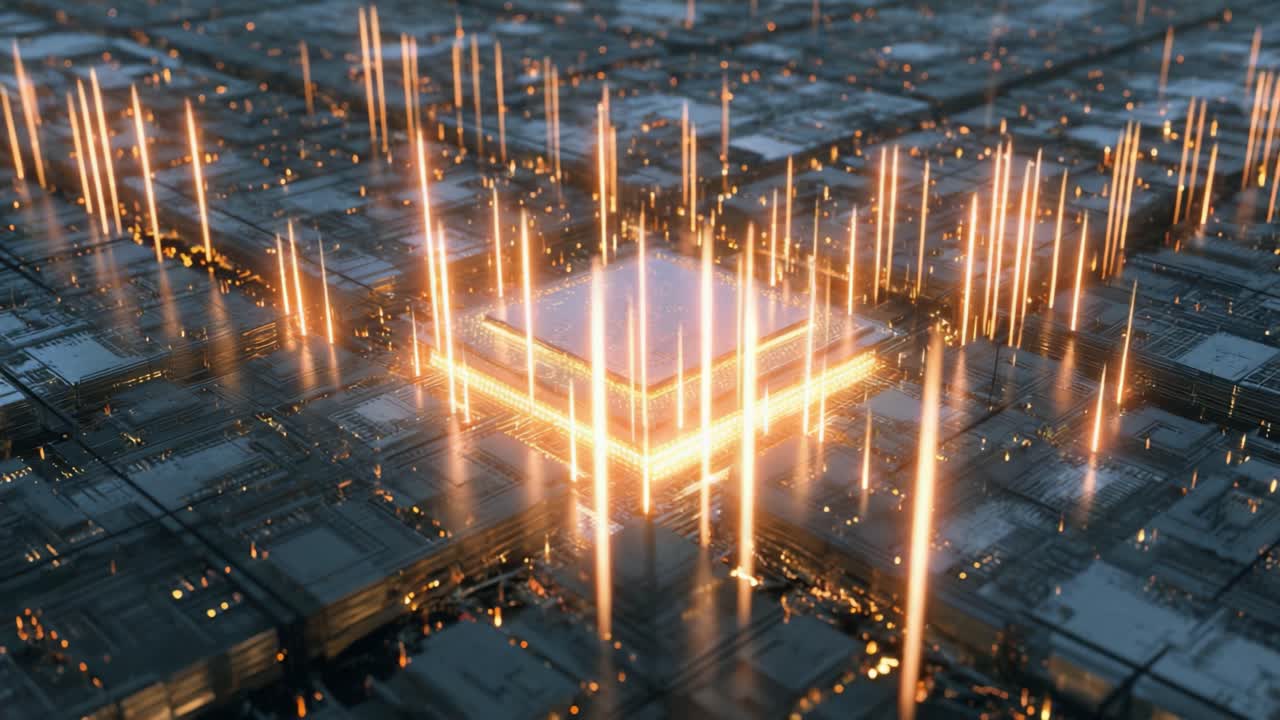 Powerful central computer processor on a motherboard sending and receiving electronic information signals in a seamless loop. Digital data transfer and quantum computing technology concept