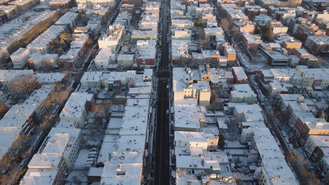 Aerial view of homes and streets in Greenpoint, Brooklyn. Shot on a winter morning in New York City.