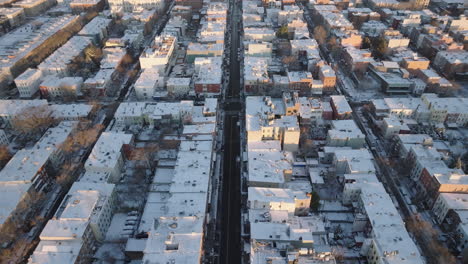 aerial view of homes and streets in greenpoint, brooklyn. shot on a winter morning in new york city.