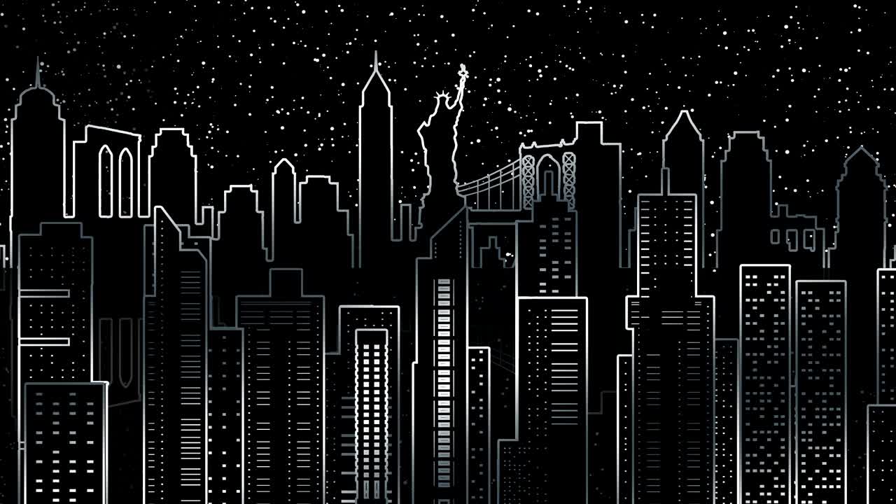 뉴욕의 파노라마의 애니메이션: 건물과 명소의 윤