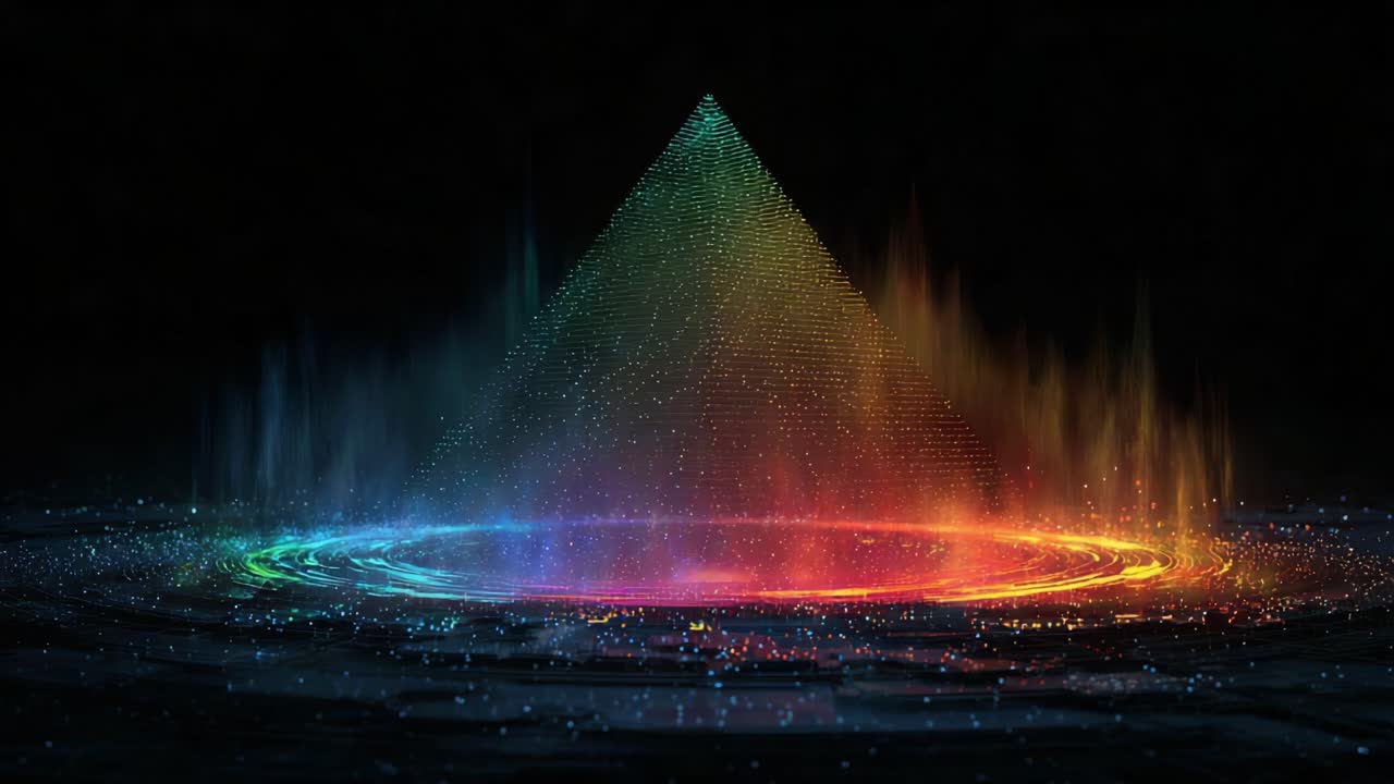 A mesmerizing visual spectacle featuring a pyramid made of luminous particles emanating colorful light and surrounded by a dynamic glowing circular formation of water vapor, creating a beautiful atmospheric display