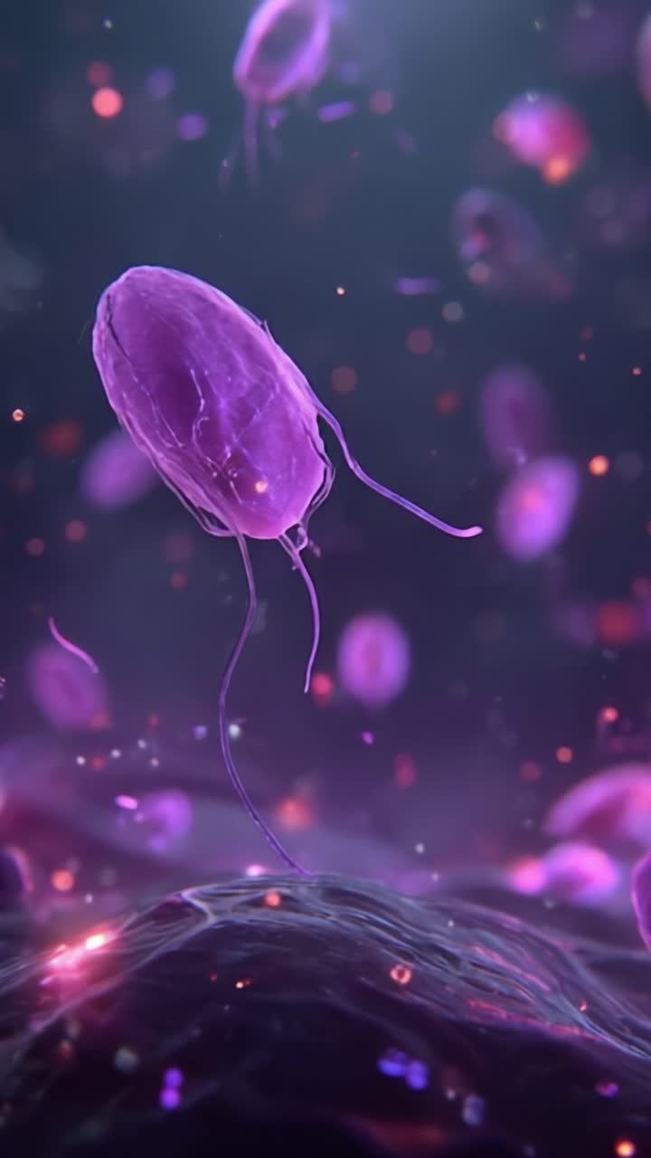 Microcosmo sottomarino affascinante: una straordinaria esposizione di vivaci organismi viola che danzano in un ambiente fluido, mettendo in mostra dettagli intricati e movimento