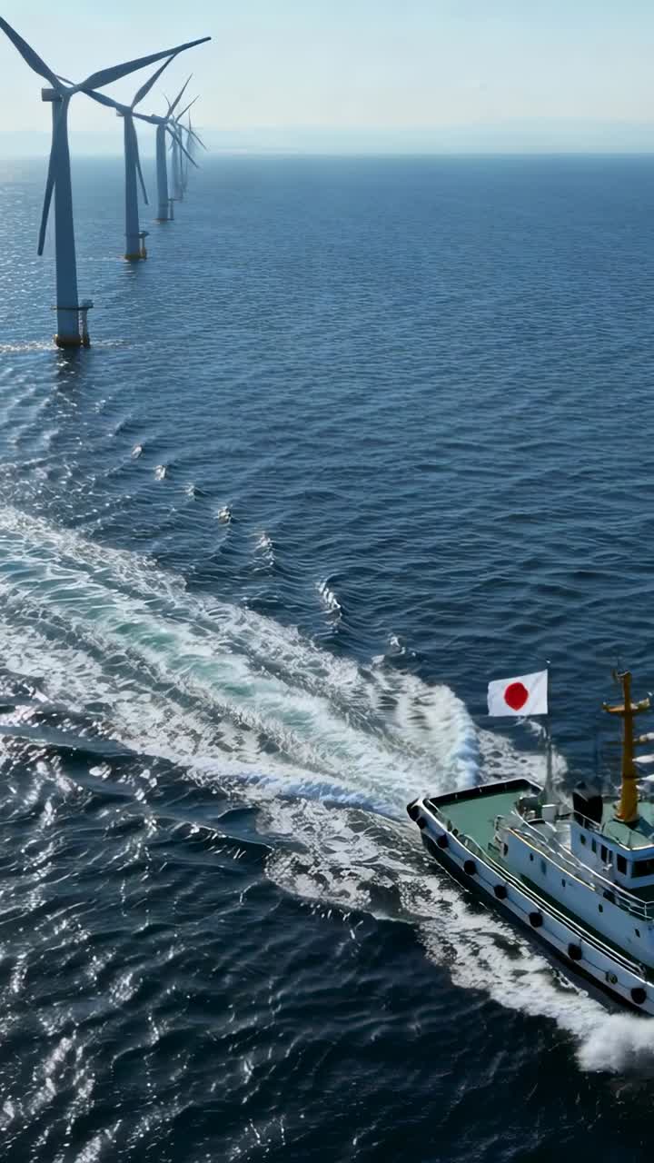 Vertical video: Following drone, work vessel with flag passing sea beside wind turbines, copy space