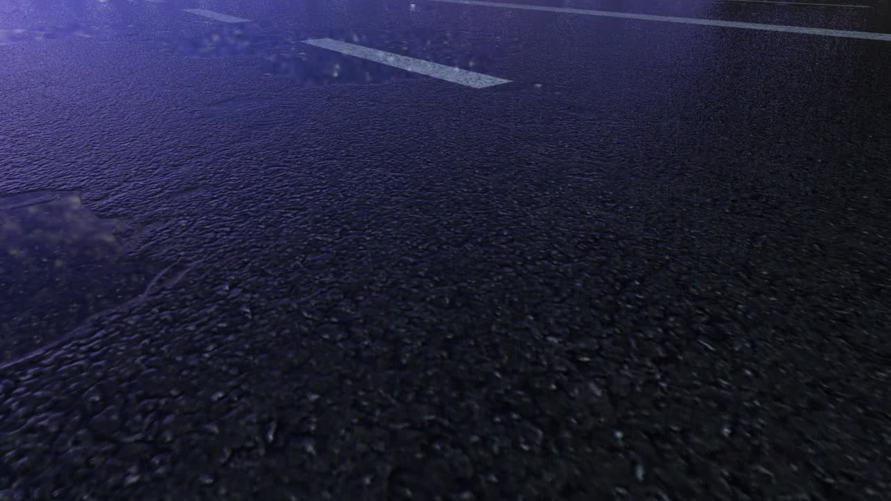 3d 강우가 밤에 도로를 때리는 - 4k 현실적인 비 입자 (loopable) - 교통과 함께 다채로운 거리에서 비가 오는 날 - 밤에 은 도로 - 비가 내리는 낮은 각도  - 도로에 비와 반사 - loopable 움직이는 이미지 - 은하 숲