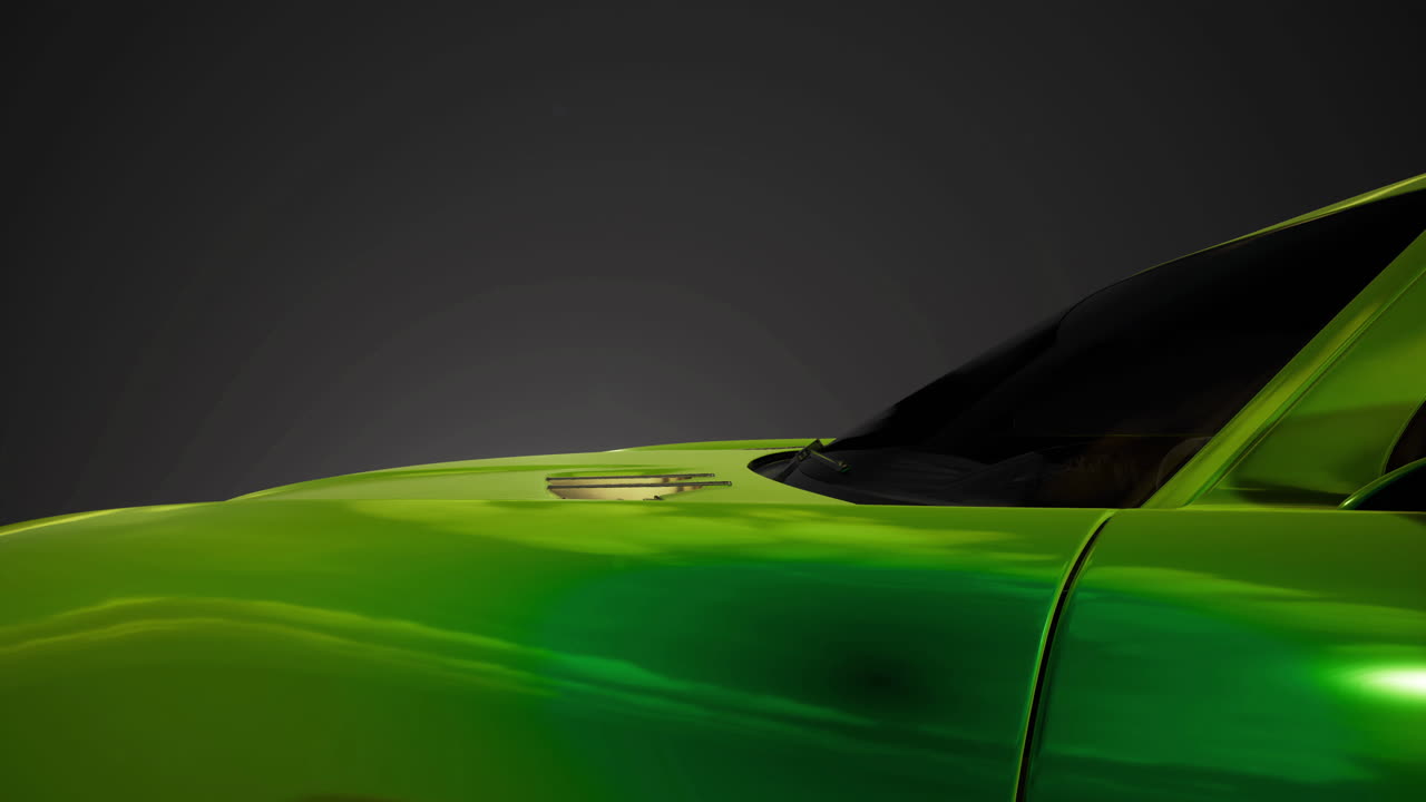 Vibrant green curves glinting under night sky at a local car show