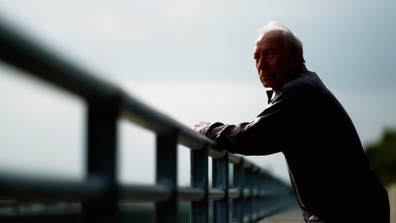 A contemplative man gazes into the distance while resting on a railing, reflecting on life amid a serene backdrop of muted tones and soft lighting