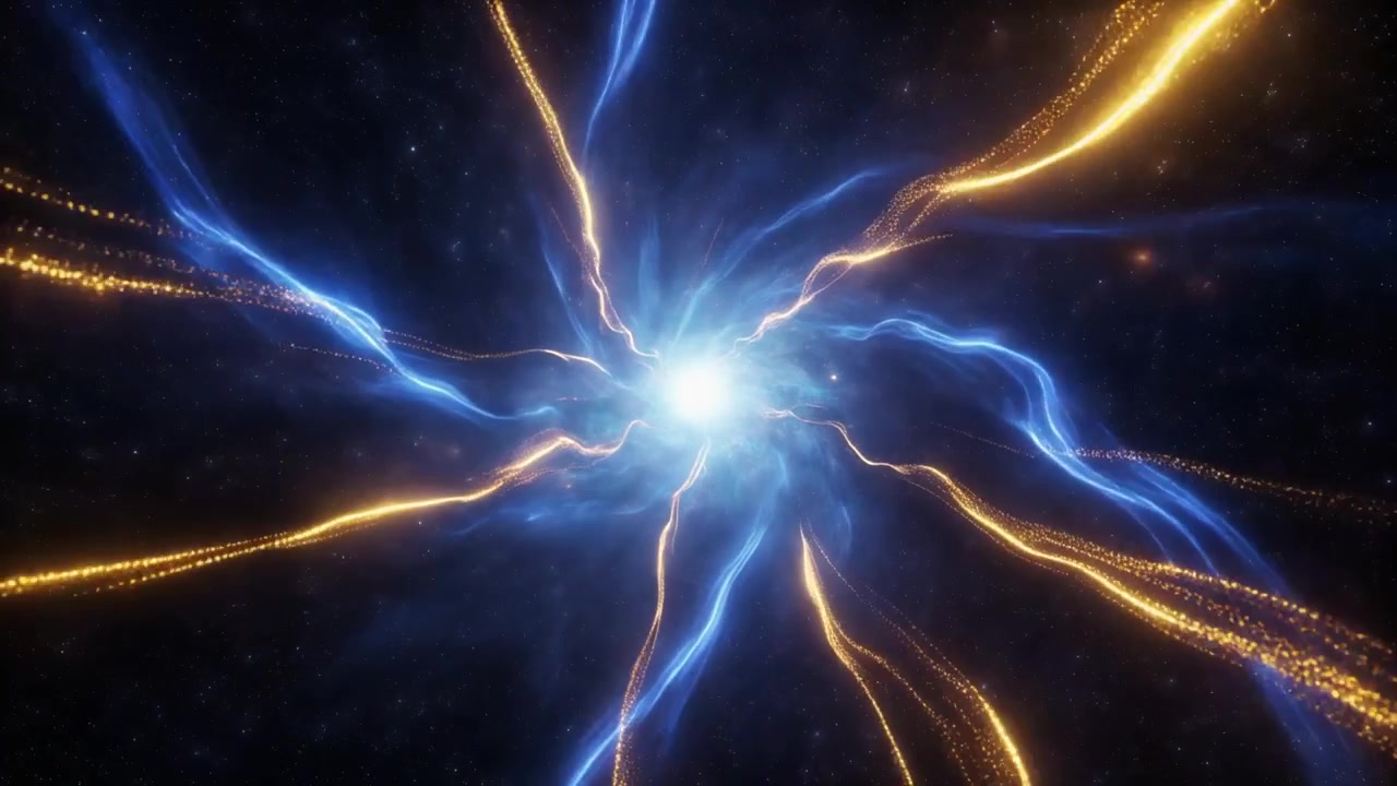 Abstract Cosmic Wormhole with Glowing Blue and Gold Energy Streams
