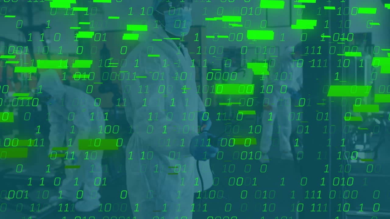 three technicians working with sprayer in technology lab, with floating green binary code overlay