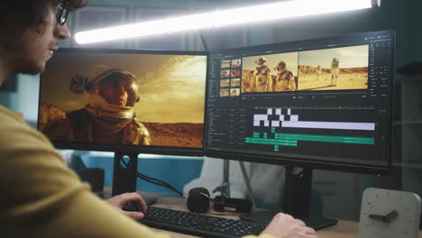 video editor working on space-themed project