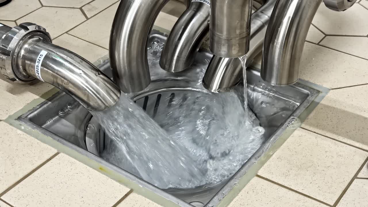 Industrielle Edelstahlrohre leiten schnell fließendes Abwasser in ein Entwässerungsbecken innerhalb einer Milchverarbeitungsanlage und zeigen Fluidbewegung, sanitäre Anlagen und Fabrikabläufe