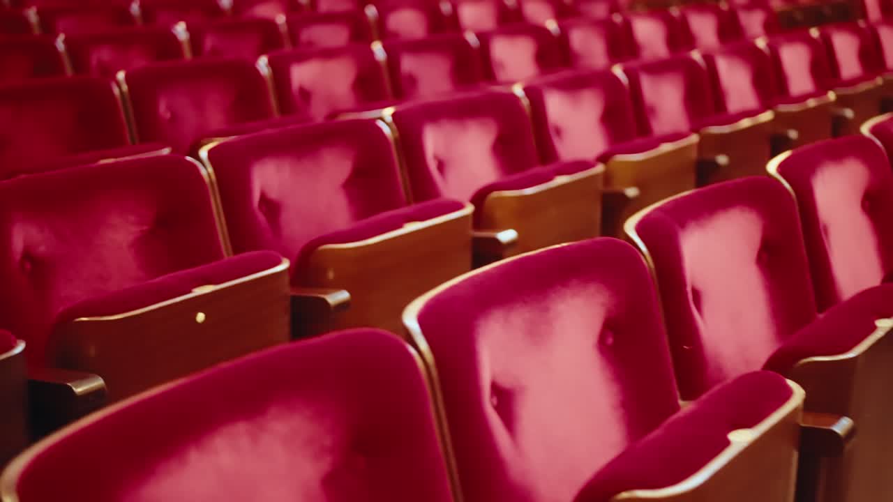 audiencia subjetiva fugitiva en una sala de conciertos vacía con sillones de terciopelo rojo vacíos