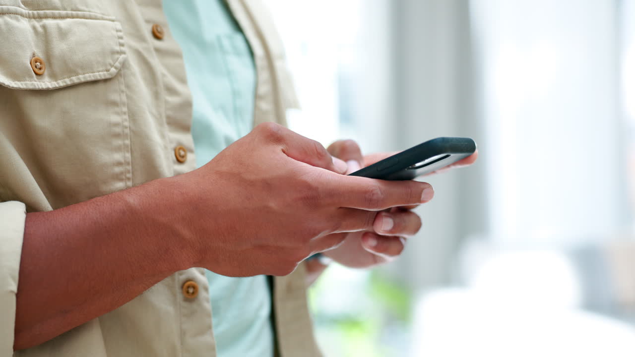 Phone, hands and home man typing on ui