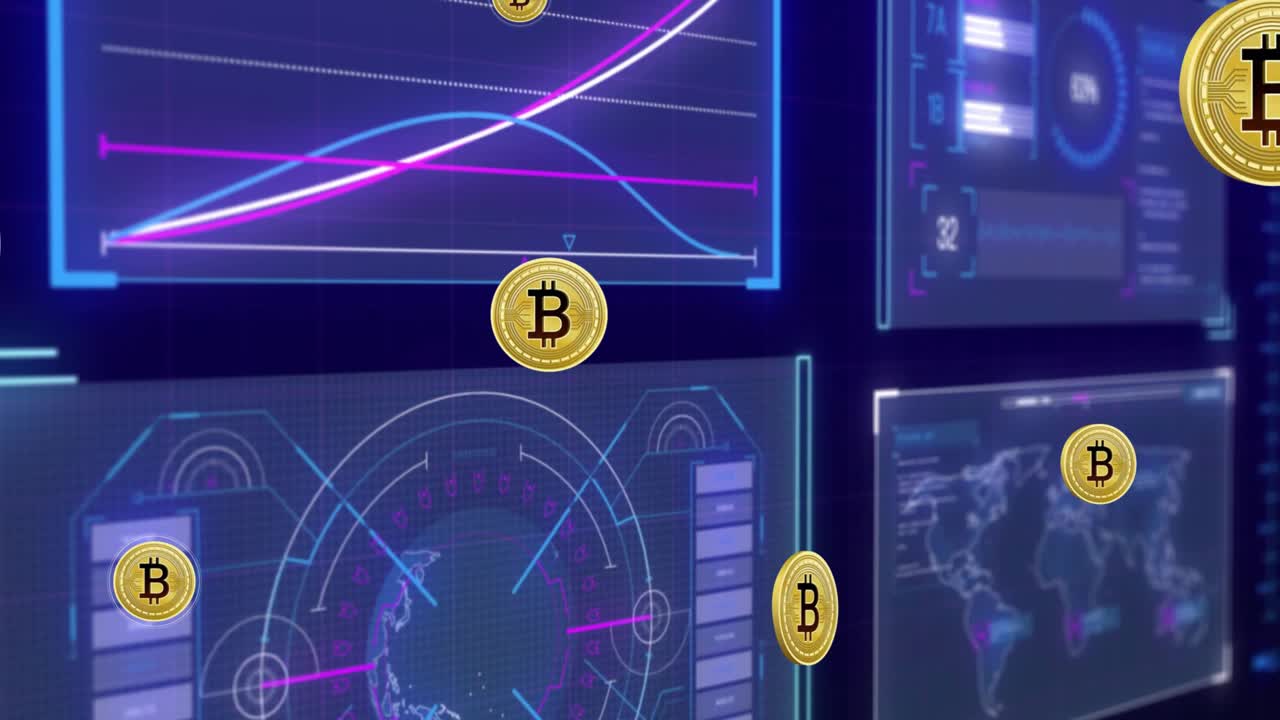 Starting multi-panel interface presenting Bitcoin tokens drifting and scaling for market insight