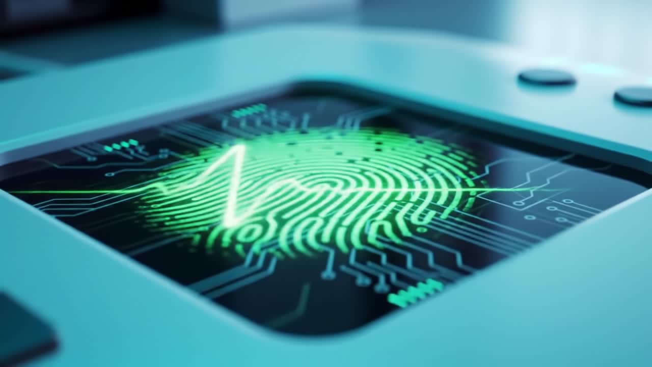 Cutting-edge biometric technology showcases an animated fingerprint scanning process, highlighting the intricate patterns and data analysis in a digital security system environment.