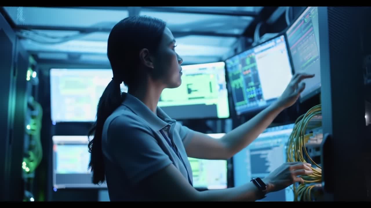 Focused Technician Monitoring Systems in a High-Tech Control Room with Multiple Displays and Complex Data Visualizations, Showcasing Modern Cybersecurity Activities