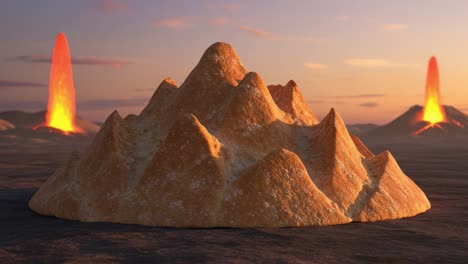 a captivating scene depicting a mountain-like structure made of bread, surrounded by fiery volcanic activity, showcasing a unique blend of nature and culinary art