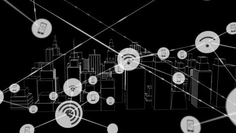 animation of network of connection over 3d drawing of cityscape on black background