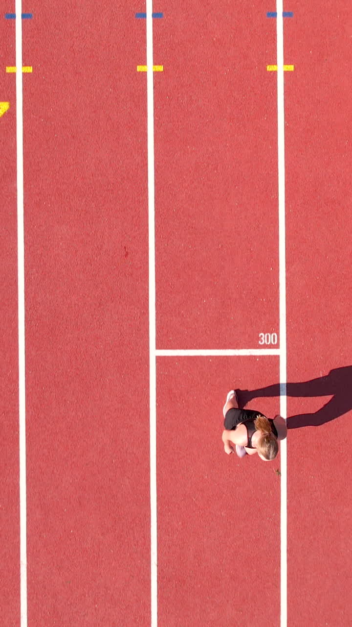 Ripresa verticale dall'alto con drone di un'atleta donna che scatta su una pista di atletica rossa in uno stadio. Perfetta per contenuti di fitness, sport e stile di vita sano.
