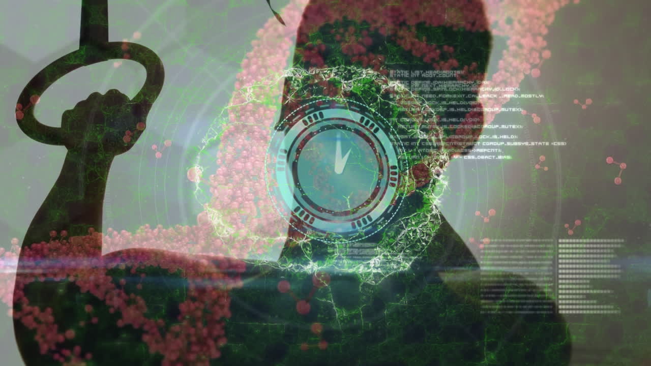 animación del movimiento del reloj y el procesamiento de datos sobre un deportista haciendo ejercicio en el gimnasio