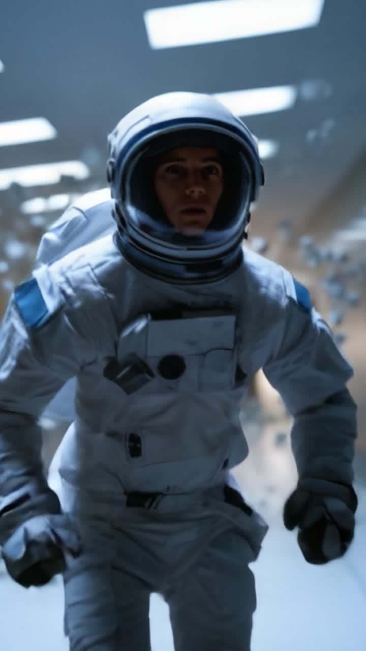 Un astronauta in uno scenario dinamico di esplorazione spaziale corre attraverso un corridoio, mostrando la tensione e l'eccitazione del viaggio spaziale in un ambiente futuristico.