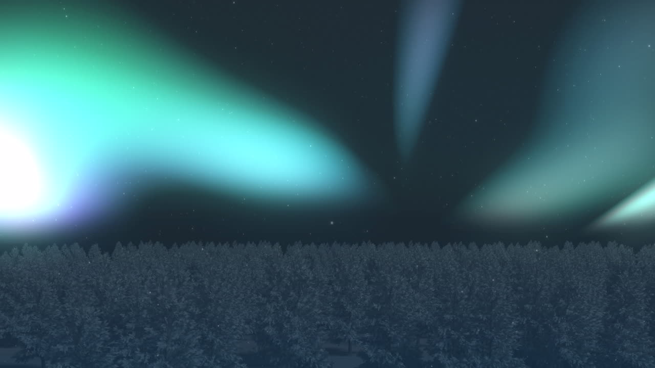 animación de la aurora boreal brillando sobre los abetos cubiertos de nieve en invierno
