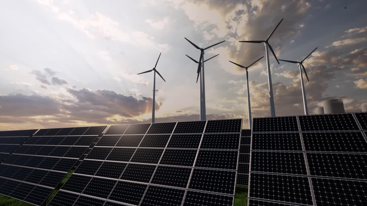 Renewable Energy Concept with Solar Panels and Wind Turbines