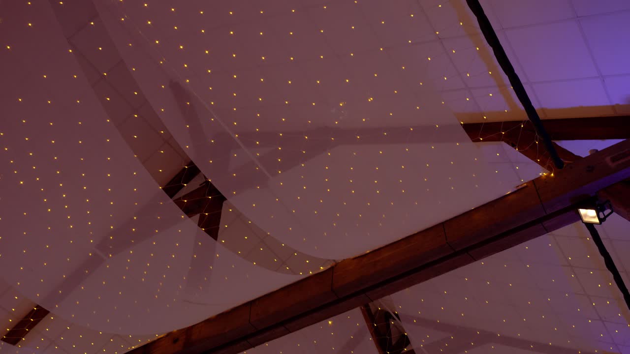 Elegant Wedding Venue Ceiling Decor with Purple Lighting
