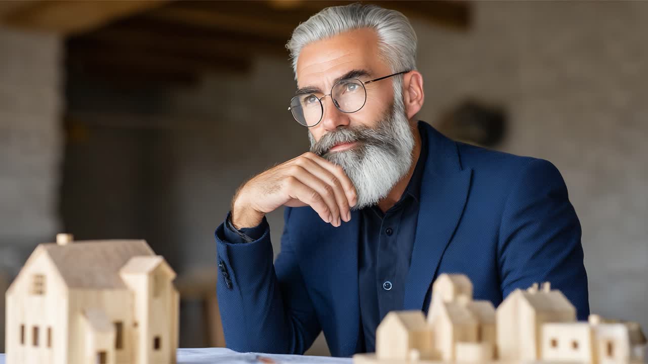 Thoughtful Architect Discussing Designs with Scale Models of Homes, Showcasing Creativity and Vision in Modern Architectural Concepts