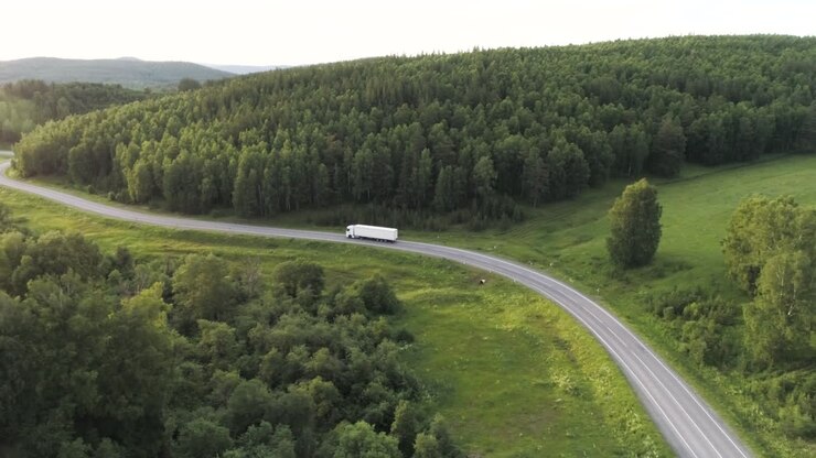 camion su una strada tortuosa attraverso una foresta