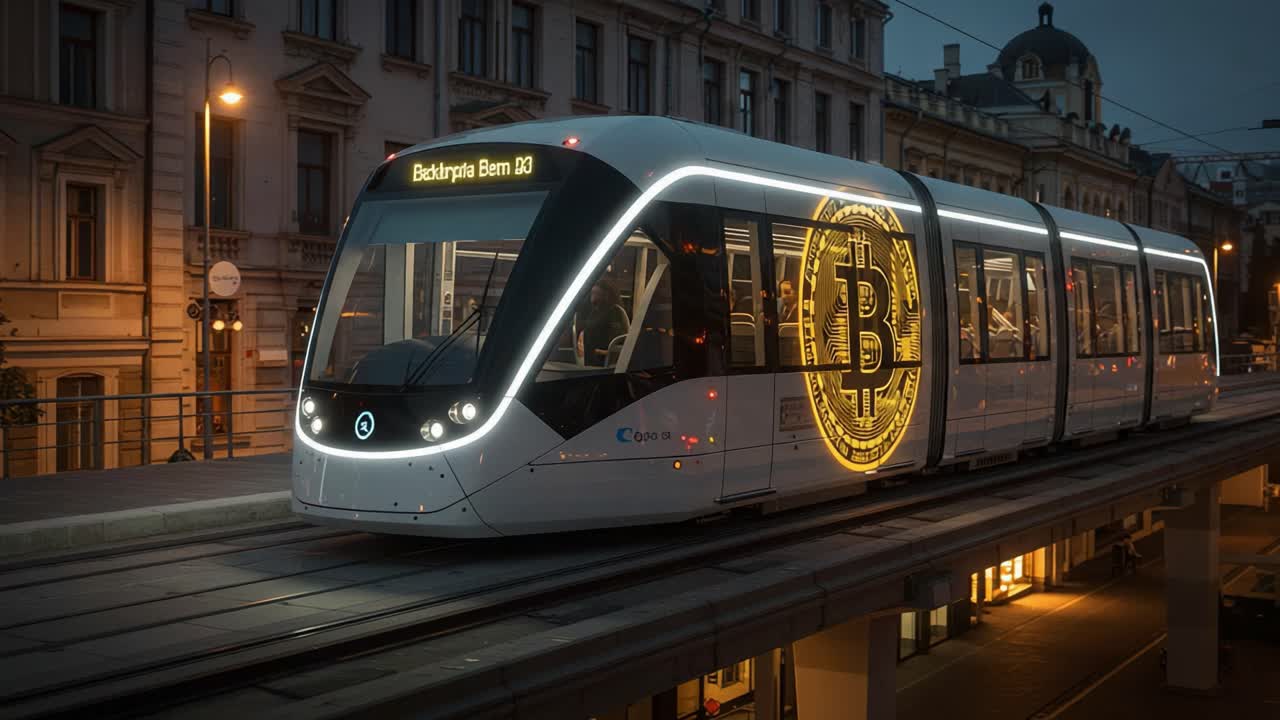 An illuminated tram showcasing a prominent Bitcoin symbol in a modern urban setting, displaying the fusion of technology and cryptocurrency in contemporary transport