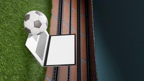 laptop whitescreen template football ball in soccer field, 3d animation, vertical