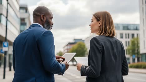 professional colleagues engaging in discussion while holding tablets in an urban environment: a moment of collaboration and insightful exchange