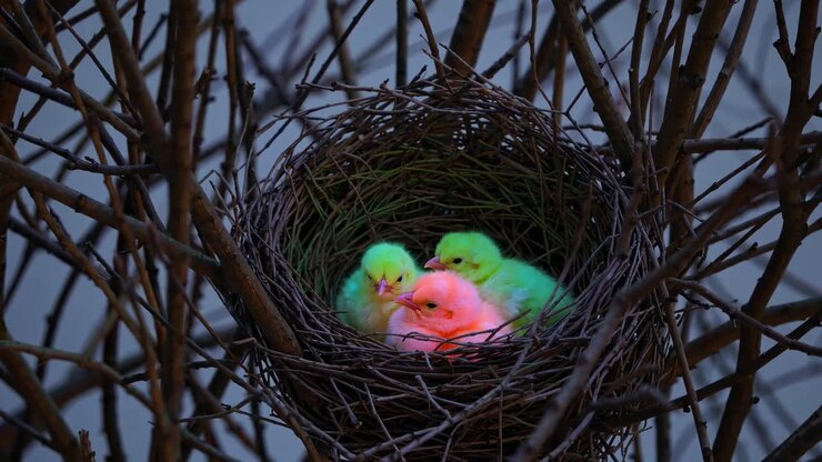 Three Colorful Baby Birds in a Nest