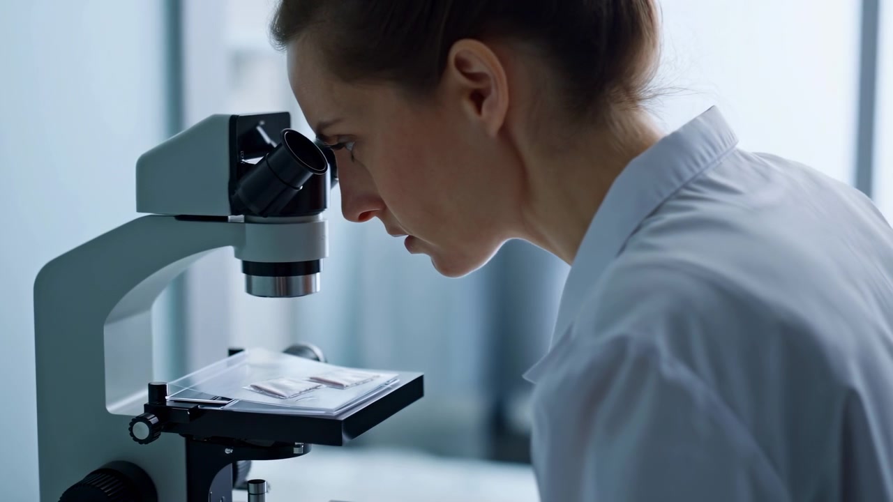 Une vue latérale rapprochée montre une femme maintenant une posture concentrée au microscope, tandis que des lames préparées reposent sur la platine, sous une lumière du jour bleu pâle, avec une blouse blanche et un arrière-plan de laboratoire légèrement flou.