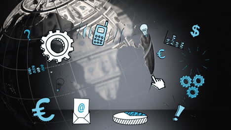 animation of digital icons over globe formed with american dollar banknotes on grey background