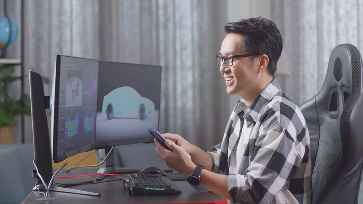 Side View Of Asian Male Automotive Designer Looking At His Smartphone Then Celebrating The Success While Working On 3D Model Of Ev Car On The Desktop Computers In The Studio
